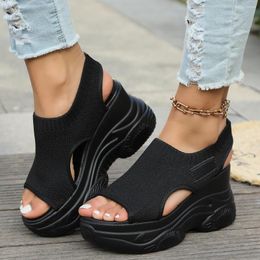 Dress Shoes Women's Sandals 2024 Summer Wedge Heel Elastic Cloth Cover Foot Ladies Thick-soled Fashion Casual Platform