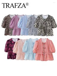 Women's Blouses TRAFZA Sweet Printed Blouse Tops For Women Elegant Short Puff Sleeve Bow Tie Vintage 2024 Spring Lace Up Round Neck Causal