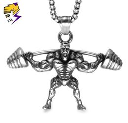 316L Stainless Steel Weightlifting Necklaces Men Silver Color Link Chains Fitness Muscle Pendant Necklaces Strong Man Jewelry2162351