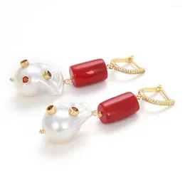 Dangle Earrings Freshwater Cultured White Keshi Pearl Red Coral CZ Pave Hook Women Jewellery