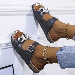 Slippers Fashion Chains Open Toe Cork Buckle Strap Slides Ladies Sandals Summer Black Leopard Print Shoes Woman Peep Sexy