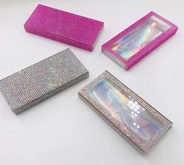 Clear Rhinestones Empty Lash Case Pink Silver Bling Eyelash Box Diamond Square Case Holographic Background Colour without Eyelashes2154124