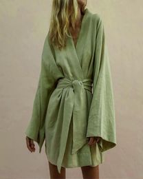 Casual Dresses Lace Up Women039s VNeck Kimono Cardigan Mini Dress Cotton Linen Long Sleeve Sashes Dresse Robe Style Summer Loo8301711