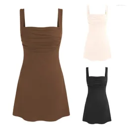 Casual Dresses Women Sleeveless Ruched Chest Solid Top Short Dress Sexy Square Neck Cutout Back Bodycon A Line