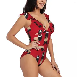 Women's Swimwear Sexy One Piece Swimsuit Push Up Cute Ferret Red Women Ruffle Monokini Bodysuit Bathing Suit