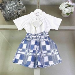 Fashion baby tracksuits Summer kids designer clothes Size 100-160 CM Folded round neck T-shirt and Chequered printed shorts 24April