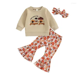 Clothing Sets Toddler Girl Fall Outfits Letter Truck Print Crew Neck Sweatshirts Pumpkin Flare Pants Headband 3Pcs Halloween Clothes Set