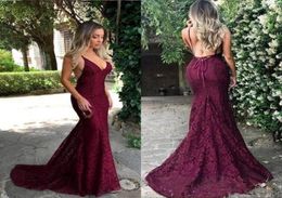 2020 New Burgundy Lace Mermaid Long Prom Dresses Tulle Applique Backless Black Girls Formal Party Evening Wear Gowns 8167571289