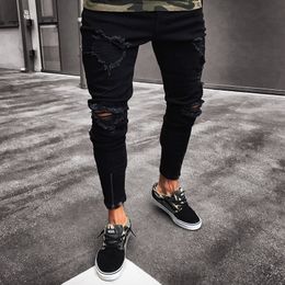 Mens Straight Slim Fit Biker Jeans Pants Distressed Skinny Ripped Destroyed Denim Jeans Washed Hiphop Trousers Black 196O