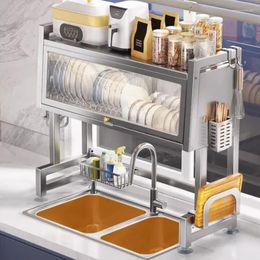 Kitchen Storage 304 Stainless Steel Sink Holder Dustproof Tableware Rack Dishwashing Multi-functional Drain Shelf E