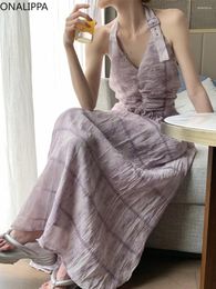 Casual Dresses Onalippa Halter Belt Plaid Purple Dress Sexy Off-shoulder Backless Maxi French Style Vintage Sweet A Line Vestidos