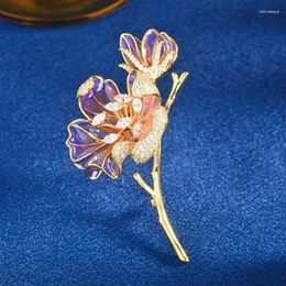 Brooches Elegant Purple Flower Brooch For Women Translucent Enamel Color Micro-inlay Zircon Fashion Design Dress Accessories Pin Corsage