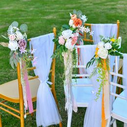 Decorative Flowers Chair Sashes Artificial Tie Seat Knot Cover Back Rose Belt Bow For Church El Banquet Wedding Party Events Decorations