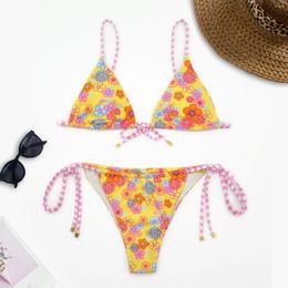 Women's Swimwear Sexy Flower Print Triangle Bikinis Sets Two Pieces Side Tie Swimsuit Thong Biquini Conjunto De Bikini Tankini Beachwear