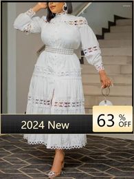 Ethnic Clothing Chic Women White Dresses Hollow Out Lace Splice Mock Neck Long Sleeve A Line Midi Dress With Belt Casual Party Club Outfits