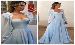 Long Sleeves Sweetheart Prom Dresses 2020 Sky Blue With Flowers Feather Adorned Women Maxi Formal Evening Party Gowns Plus Size Cu5752702