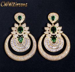 CWWZircons Dubai 18k Yellow Gold Vintage Costume Jewellery Green Emerald Long Big Drop Wedding Party Earrings for Women CZ457 2201085427525