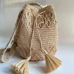 Drawstring Women's Lafite Cotton Grass Handwoven Bucket Bag With Relief Hook Flower Single Shoulder Pouch Bags For Women