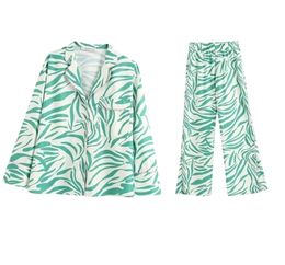 2020 NEW Summer Spring Women 2 pieces Set white green printed full Sleeve blouse long pants Suit female casual woman clothes Y20071393595