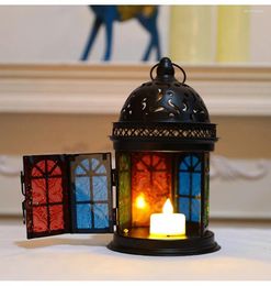 Candle Holders Retro Metal Candlestick Moroccan Colored Glass Decorative Decoration Iron Wind Lamp