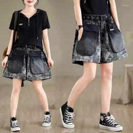 Women's Shorts Denim Women Hight Waist Big Pocket Printed Loose Casual Split Pants Large Size Summer Clothes Vintage Short Jeans K806