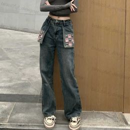 Дизайнерские женские джинсы Высокая женская одежда 24 Новый маленький ароматный ветровой передний карман Внешний висящий сплайт с шпилизацией двух цветных штанов с прямыми джинсовыми штанами для женщин