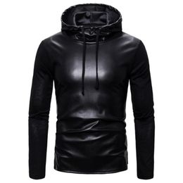 Men's T-Shirts Idopy Autumn Winter Men Black PU Leather Hip Hop Long Sleeve T Shirt With Hooded Side Split Punk Tees Tops Hoodie For MaleMen 259h