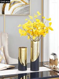 Vases Gold Vase Cylinder Glass Decorative Floral Flowers Arrangement Desk Decor Flower Pot Home Decoration Accessories Modern