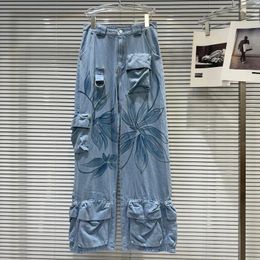 Women's Jeans PREPOMP 2024 Summer Collection Floral Print Multi Pockets Denim Pants Women Long Blue GR038