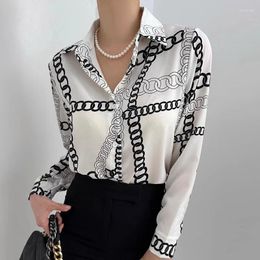 Women's Blouses Fashion Temperament Lapel Women Blouse Chain Printing Loose Jall-match Silk Chiffon Blusas 2024 Spring Long Sleeve Shirt