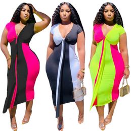 Designer Women Clothes 2020 Summer Sexy Bodycon Casual Dress Elegant Panelled Deep V Neck Print Mid Calf Length Party Dresses Plus4828243