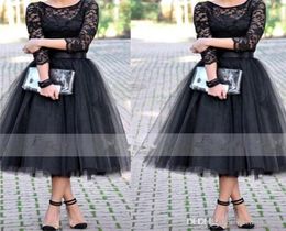 2020 Long Sleeves Elegant Evening Dresses Jewel Black Lace Tulle Formal Prom Gowns Cheap Custom Made Tea Length Special Occasion W9472604