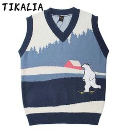 Ugly Sweater Vintage Men Sweater Vest Bear Pattern Casual Knitted Sweater Sleeveless Men Fashion Clothing Autumn Vest Coat Vneck Y4478645