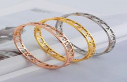 2014 fashion silver roseyellow gold 316L stainless steel hollow roman numbers cuff bracelet Jewellery for women2453759