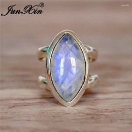 With Side Stones JUNXIN Female Male Moonstone Ring 925 Silver Filled Big Marquise Cut Stone White Opal Rings For Women Men Stacking Joint