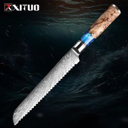 Damascus Steel Bread Knife 67-Layer Japanese VG10 Steel Unique Blue Resin Natural Wood Handle Beautiful Damascus Wave Pattern