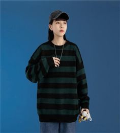 Fashion Green And Black Stripe Knitted Sweater Men And Women039s Autumn Winter Round Neck Casual Trend Pullover Clothing G09092455108