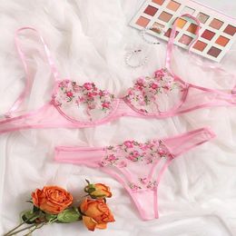 Bras Sets Sexy Low Waist Lace Flower Embroidered Underwear Set T-thong Mesh Women's Fun Perspective Uniform