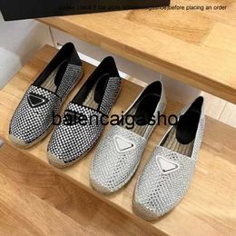 prades shoes p pradshoes Branded Women Triangle Casual Shoes Flat Espadrilles Rhinestone Crystal Embellished Loafer Fisherman Shoe Sandals Straw Sole Canvas Snea