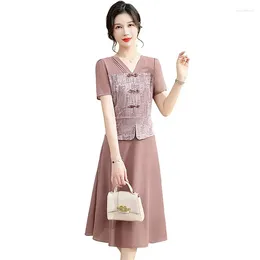 Party Dresses Female Clothing Vintage Pink Stylish Chiffon Patchwork Summer Short Sleeve Elegant A-Line V- Neck Midi Dress