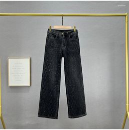 Women's Jeans Diamond Check Drilling Women Straight Denim Pants 2024 Spring Autumn Loose Wide Leg Trousers High Waist Casual
