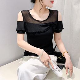 Women's T Shirts 2024 Summer Women Fashion Elegant Beading Tops Female Casual Solid Colour Off Shoulder Ruffles Tee