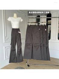 Women's Pants Dark Grey Cargo Y2k 2000s Streetwear Vintage Loose High Waist Trousers Harajuku Wide Aesthetic Clothes 2024