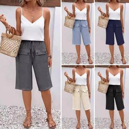 Women's Shorts Solid Color Women Stylish Knee Length With Drawstring Elastic Waist Buttoned Front Pockets For Casual