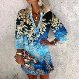 Casual Dresses Simple Beach Women's Spring Summer Sexy V-Neck Long Sleeve Vintage Printing Fashion Elegant Ladies Mini Dress