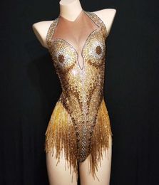 Women's Two Piece Pants Sexy Gold Rhine Tassel Bodysuits Women Stretch Dancer Crystal Fringes Leotard Nightclub Showgirl Stage Performa6385446