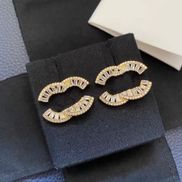 Luxury Brand Designers brass Letters Stud Geometric Famous Women Crystal Rhinestone copper Earring Wedding Party Jewerlry Loves gift