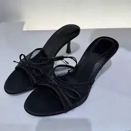 Dress Shoes Black Mesh Low Heel Slippers Bow Stiletto Round Open Toe Sandals Sexy Versatile Women Sandalias Mujer Verano