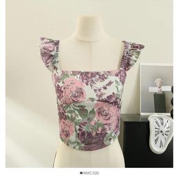 Women's Tanks French Retro Small Sleeved Floral Camisole Vest For Women In Camis Elegant Navel Exposed Top External Wea
