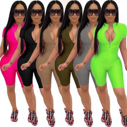 Summer Women Jumpsuits Rompers Designer Solid Colour Overalls Clothing Vneck Zipper Bodycon Shorts Sleeveless Short Onesies Nightc4126155